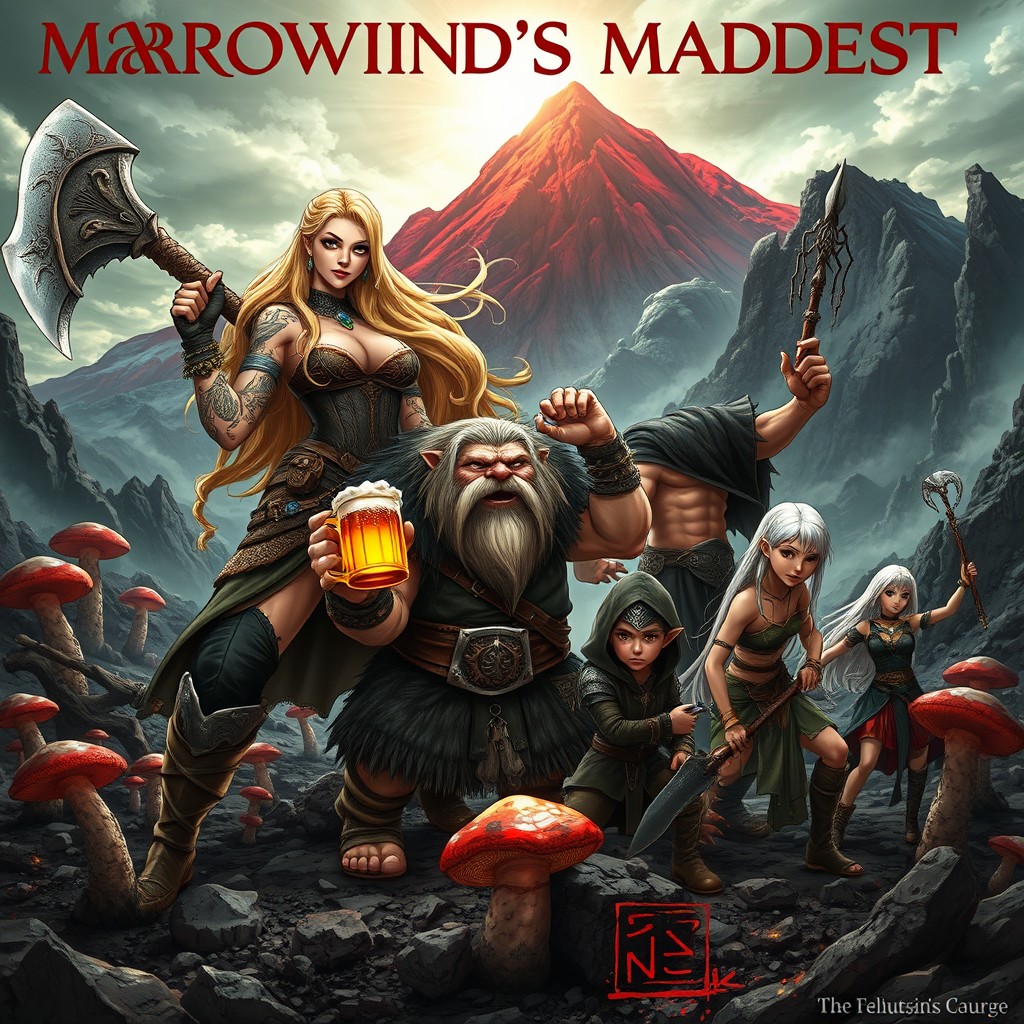 Anime fantasy poster titled "MORROWIND'S MADDEST" showcasing a group of anti-heroes in dynamic and dramatic poses