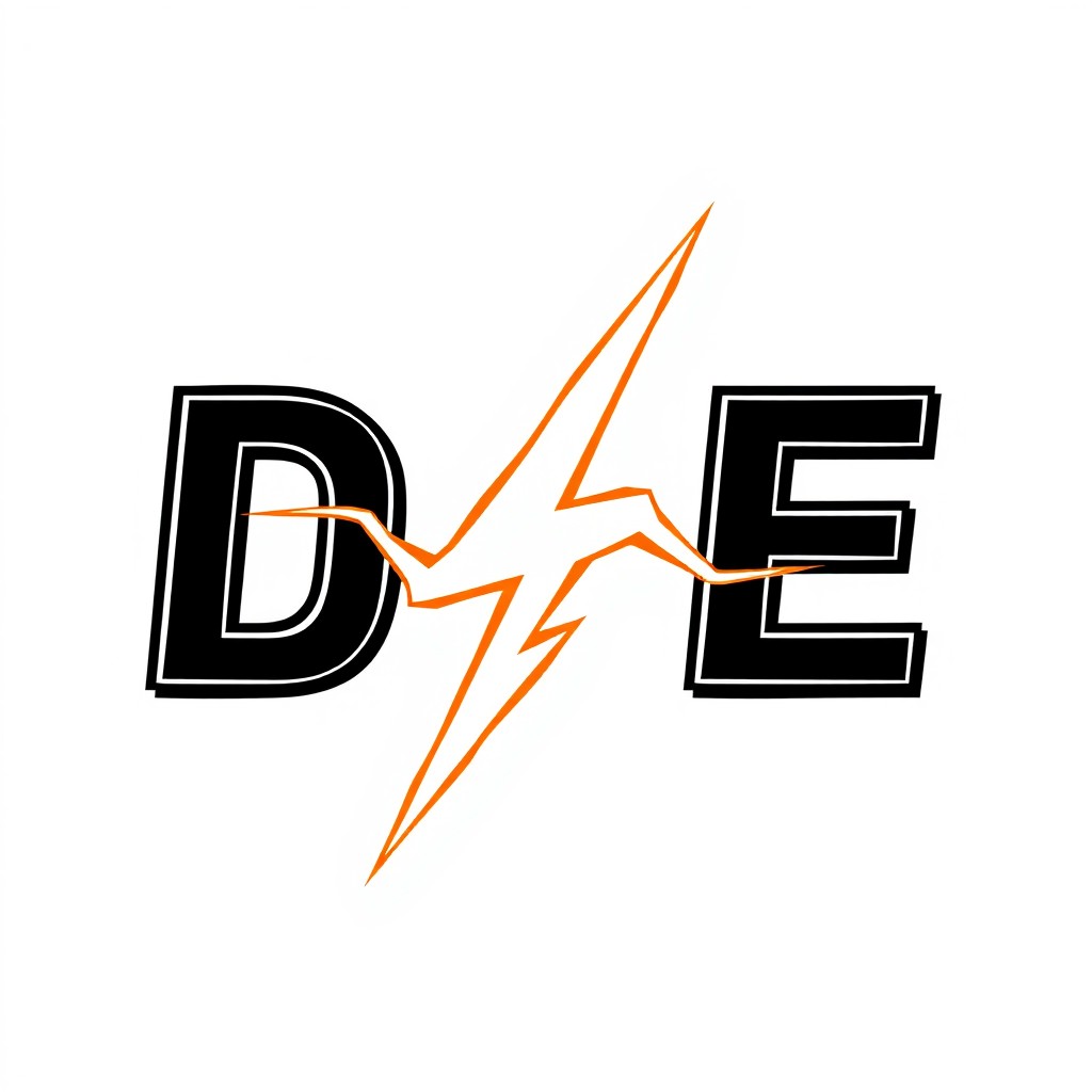 A striking design featuring the letters 'DE' in bold, creative typography in black and white