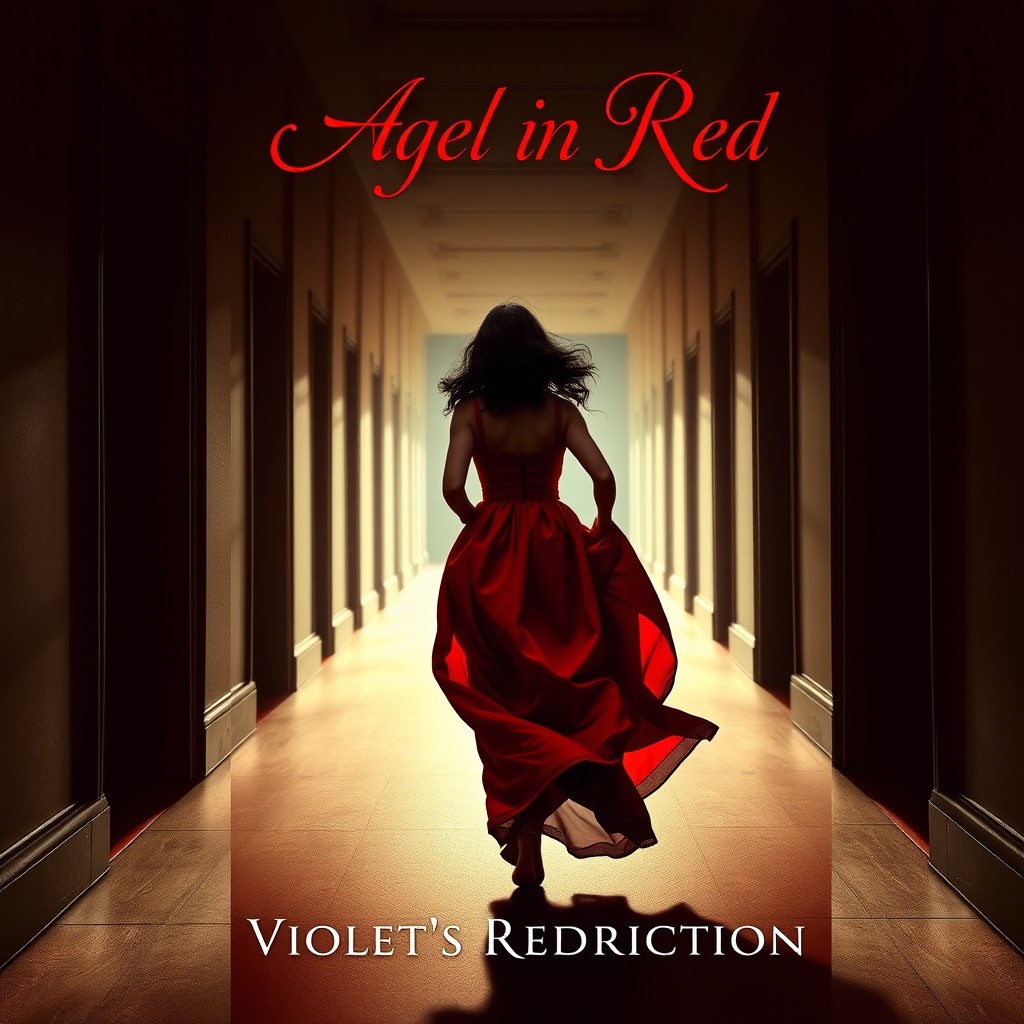A captivating book cover design featuring the silhouette of a young brunette woman wearing a flowing, red evening gown, capturing movement as she runs away down a long, elegantly lit corridor