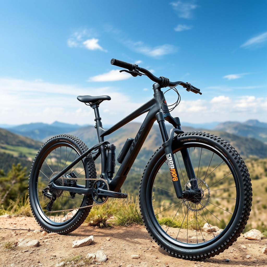 A sleek black enduro bike positioned on a rugged mountain trail, showcasing its robust design and off-road capability