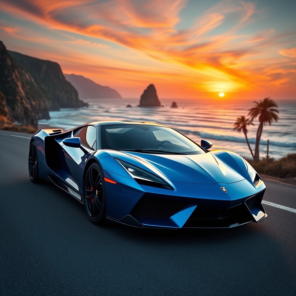 A stunning blue sports car with a sleek and aerodynamic design, parked on a scenic coastal road during sunset