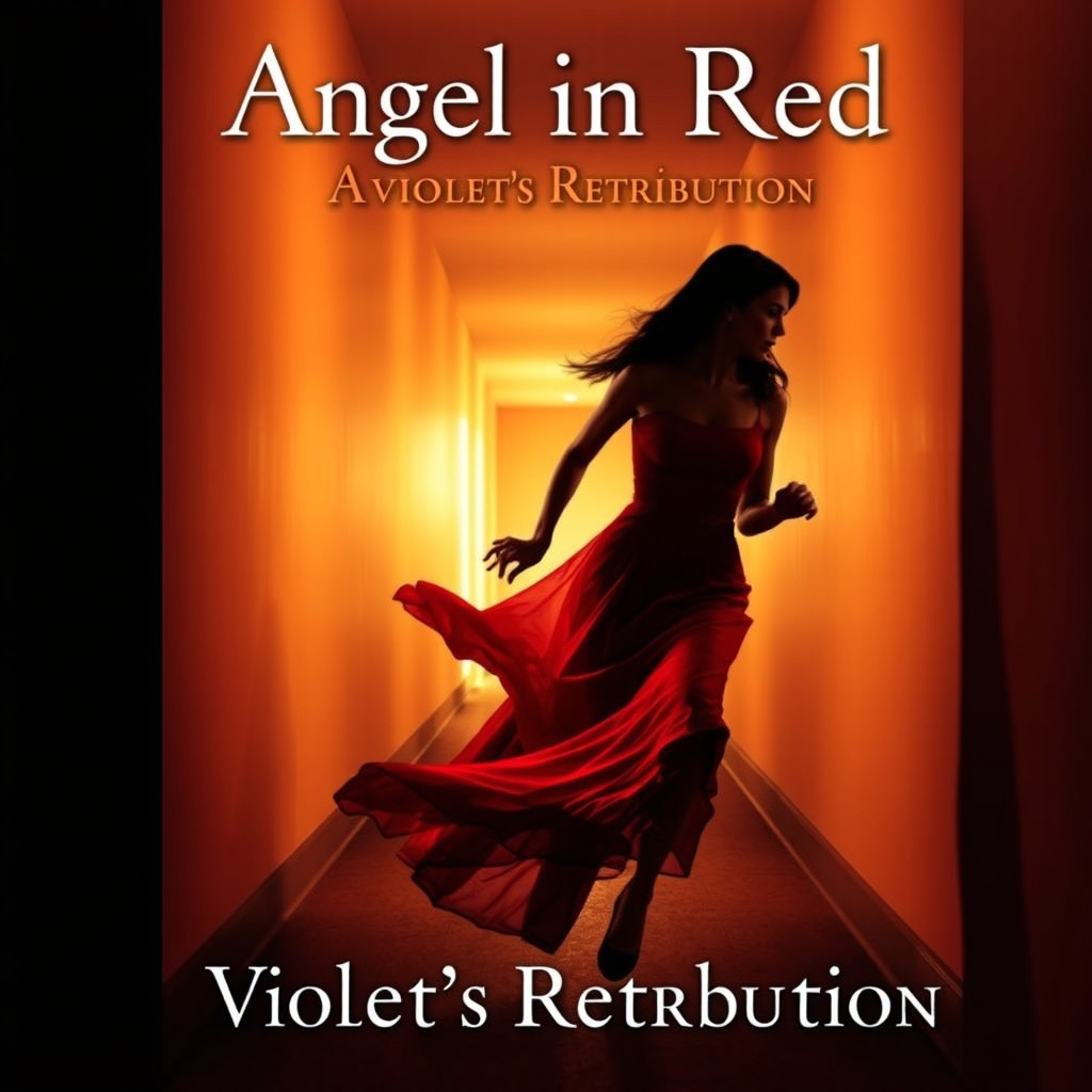 A captivating mystery book cover featuring the silhouette of a young brunette woman in a flowing, red evening gown, depicted in mid-run as she escapes down a long, well-lit corridor