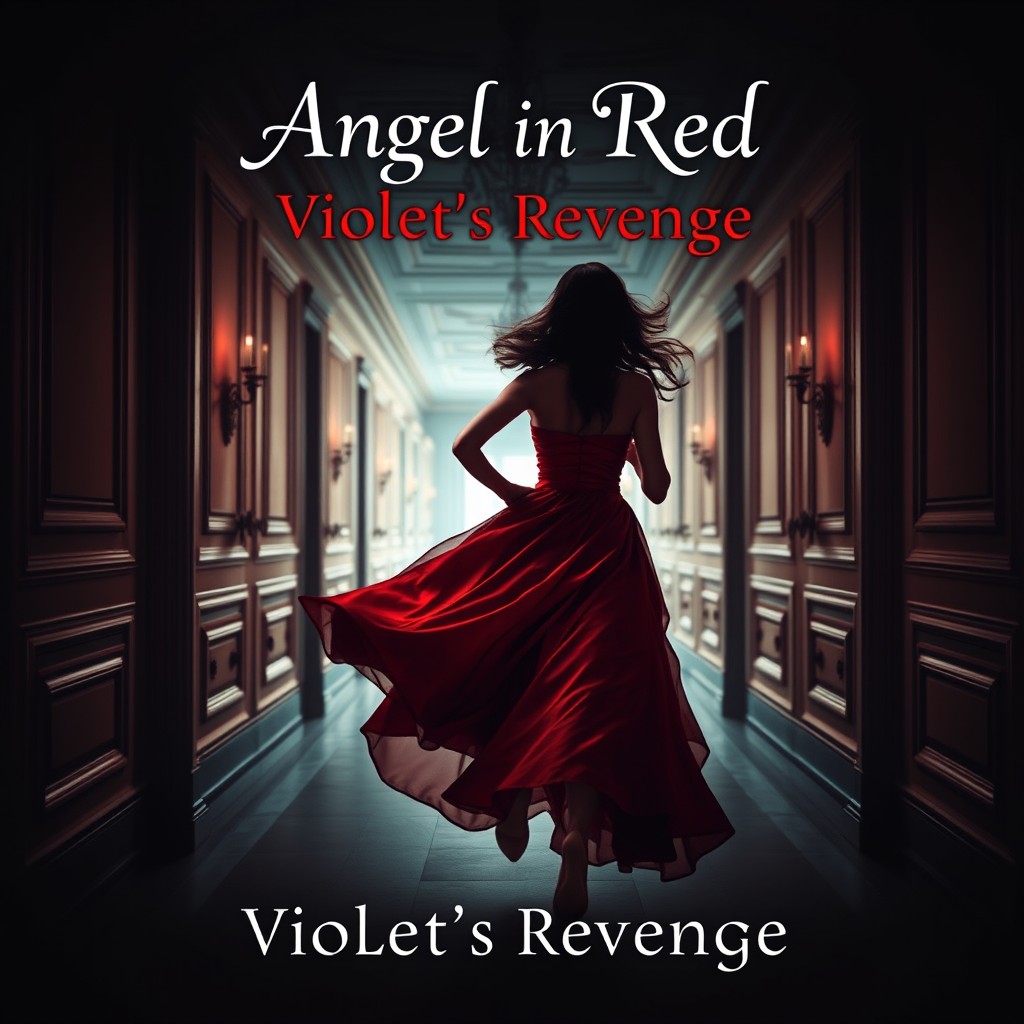 An intriguing mystery book cover featuring the silhouette of a young brunette woman in a flowing, red evening gown, depicted mid-run as she hurries down a long, brightly lit corridor