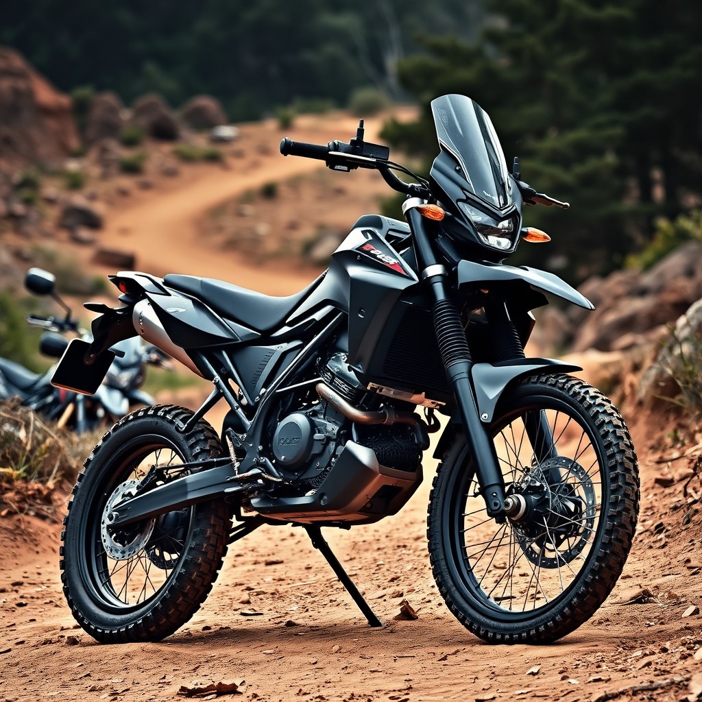 A powerful black enduro motorcycle parked on a rugged dirt trail, showcasing its aggressive design and off-road capabilities