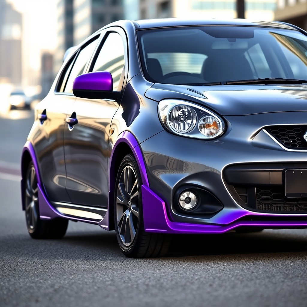 A sleek gray Nissan March with vibrant purple side skirts, mirrors, and windshield wipers, parked in an urban setting under soft daylight