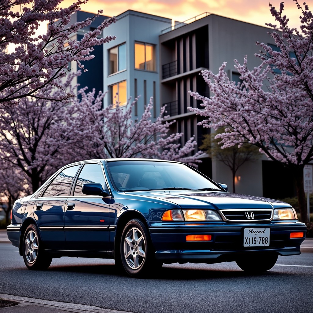 A Honda Accord 6, a classic Japanese sedan, showcased in a stylish urban environment of Japan