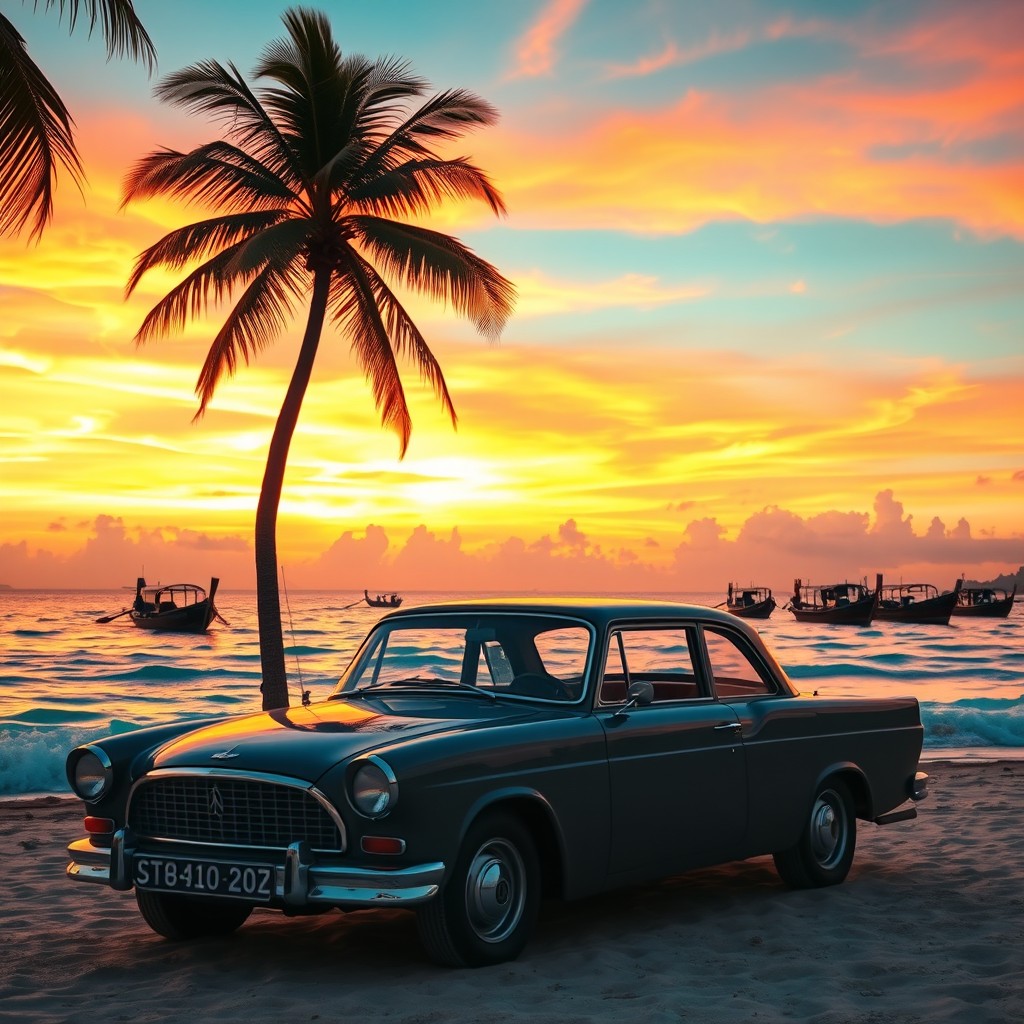 A scenic view of a Mark 2 car on a tropical beach in Thailand during sunset, vibrant orange and pink skies illuminating the background