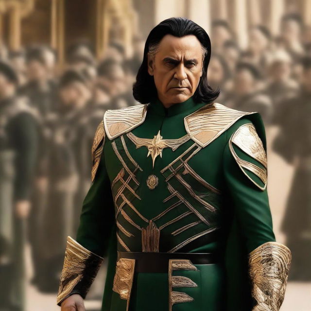 A transformation of Pakistan Army Chief General Asim Munir into Marvel's Loki character, portrayed in his costume from season 2, with all nuances of Loki's charismatic appearance and sneaky demeanor while retaining General Asim's distinctive features.