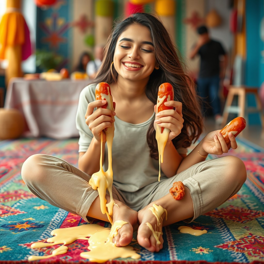 A hot 18-year-old Pakistani girl sitting criss cross on a colorful rug, with a radiant smile and her eyes closed, exuding joy and happiness