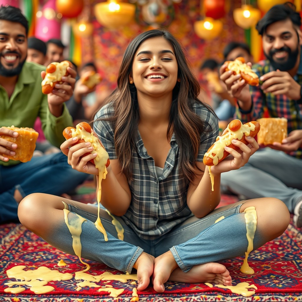 A hot Pakistani 18-year-old girl sitting criss cross on a colorful rug, exuberantly smiling with her eyes closed, embodying pure joy and happiness