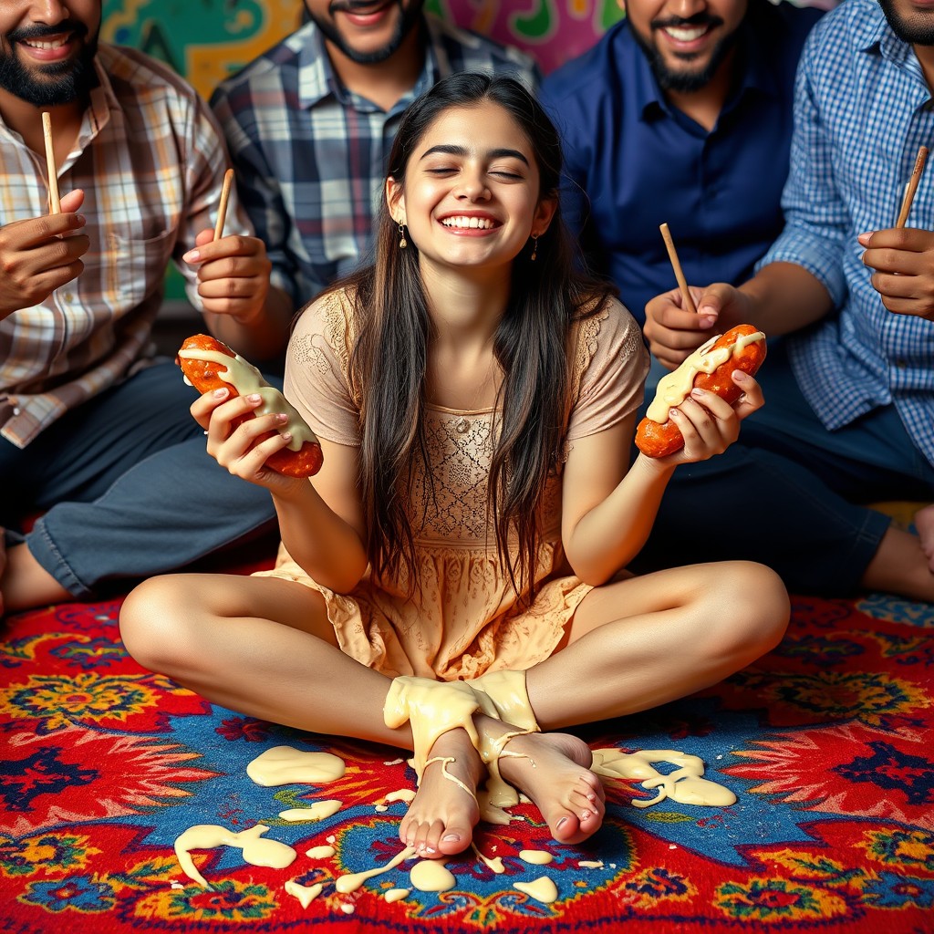 A hot Pakistani 18-year-old girl sitting criss cross on a vibrant, colorful rug, with her eyes closed and a joyful smile on her face, showcasing a carefree and happy mood
