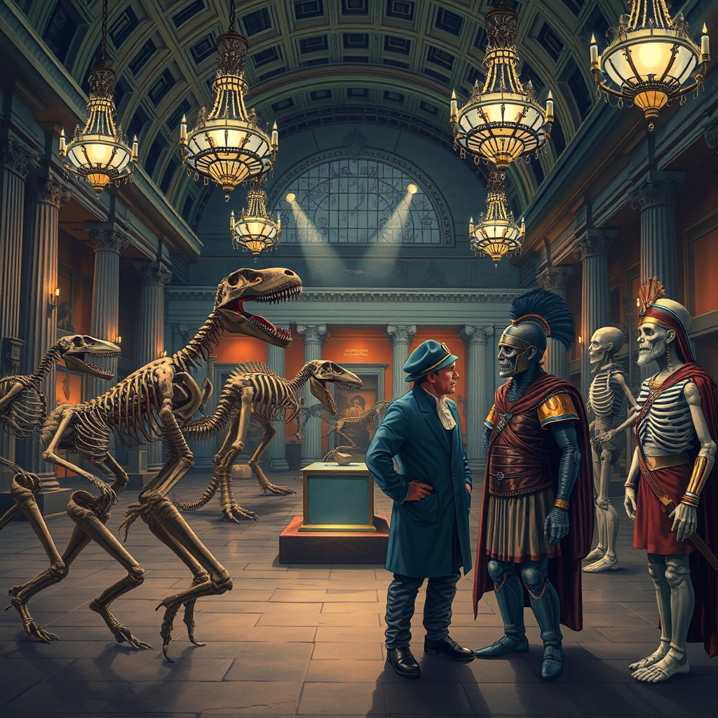 A lively and whimsical night scene inside a museum, where various exhibits come to life