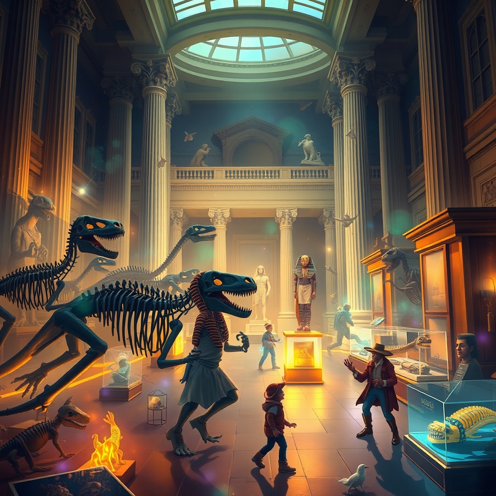A lively and imaginative scene depicting a museum at night, featuring exhibits coming to life