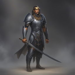 A high-quality digital art image of a Githyanki Paladin, confidently standing with a silver longsword against a smoky gray backdrop