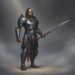 A high-quality digital art image of a Githyanki Paladin, confidently standing with a silver longsword against a smoky gray backdrop