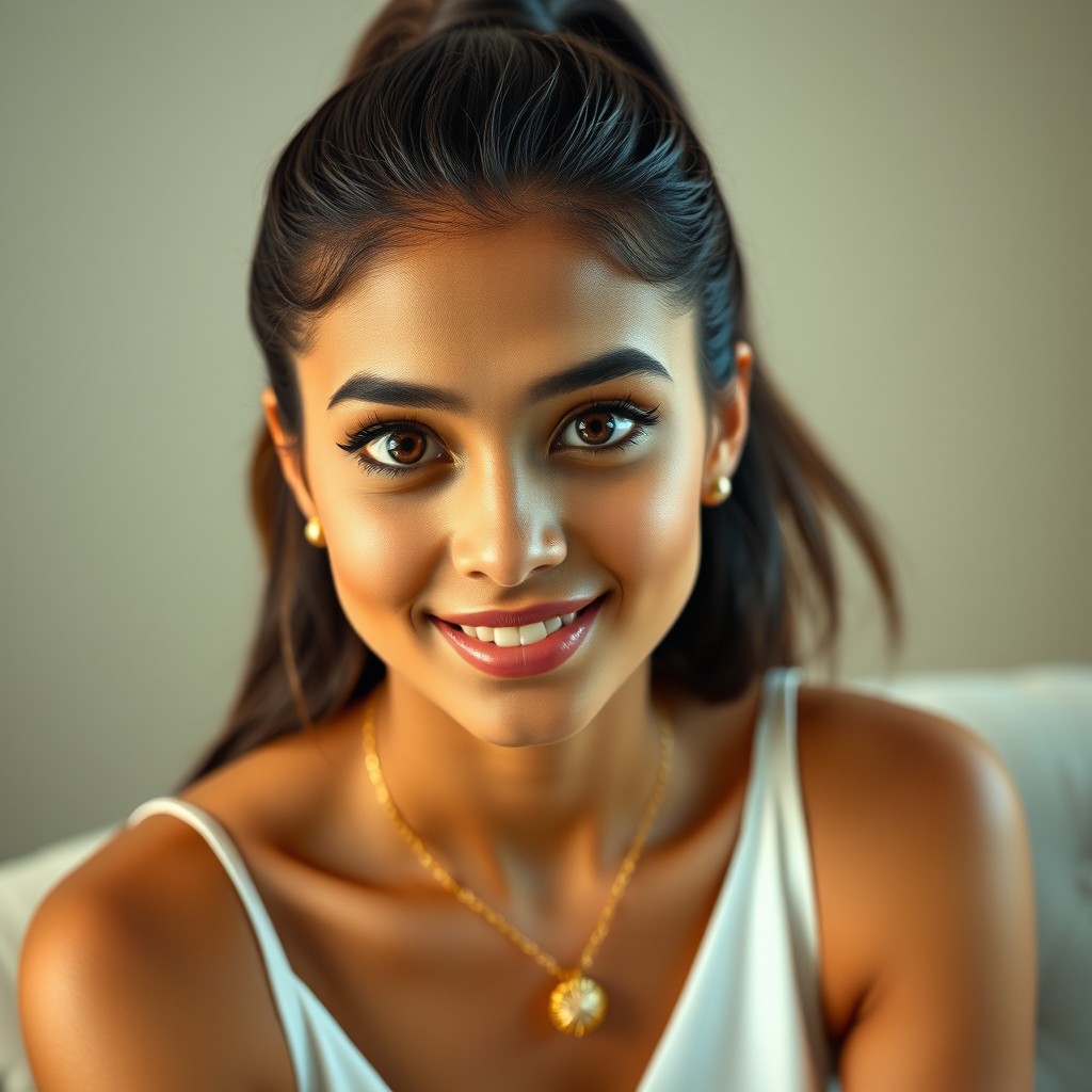 A stunning young Indian woman with an oval face, big almond-shaped expressive brown eyes, sharp eyebrows, a straight nose, glossy full lips, and a defined jawline
