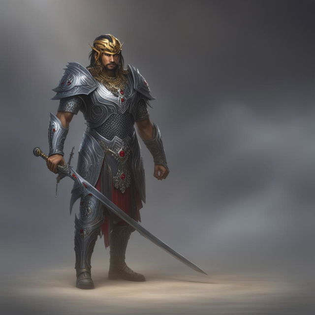 A high-quality digital art image of a Githyanki Paladin, confidently standing with a silver longsword against a smoky gray backdrop