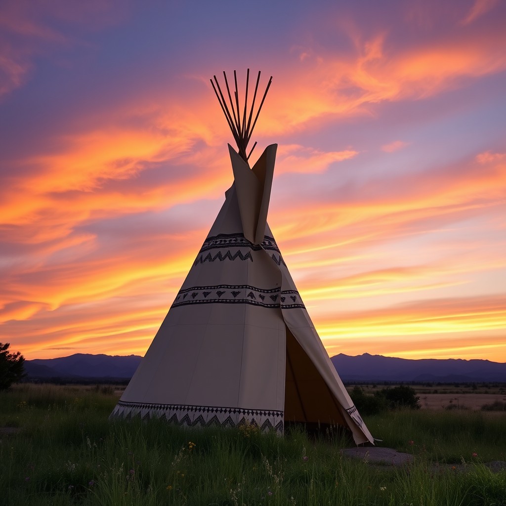 A beautiful, traditional Native American teepee set against a stunning sunset sky
