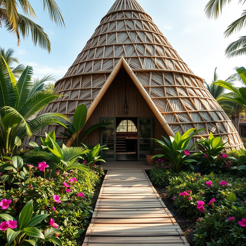 A unique teepee-shaped house featuring a striking bamboo facade, blending traditional design with modern materials