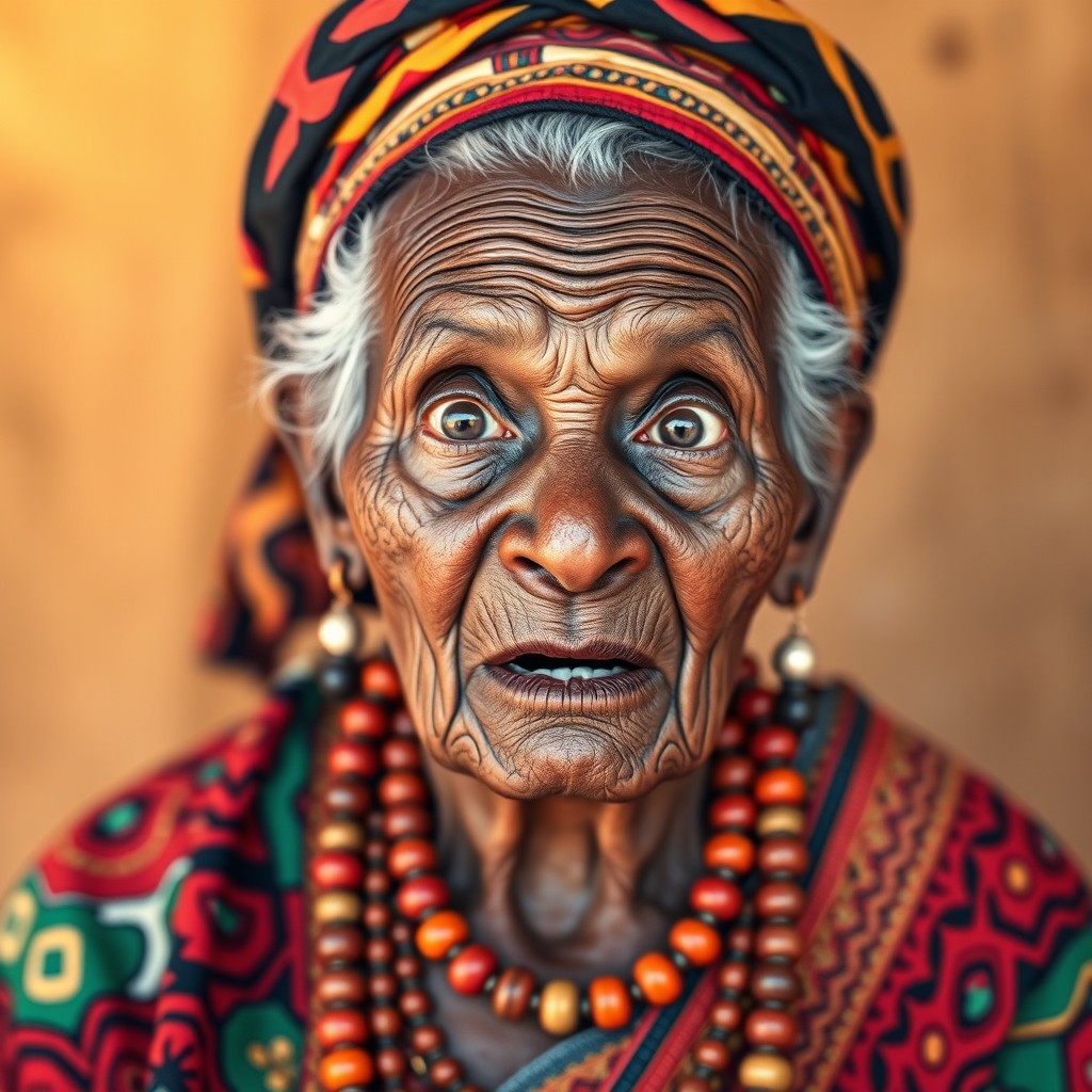 An elderly African woman in traditional native attire, showcasing her vibrant and colorful clothing with intricate designs