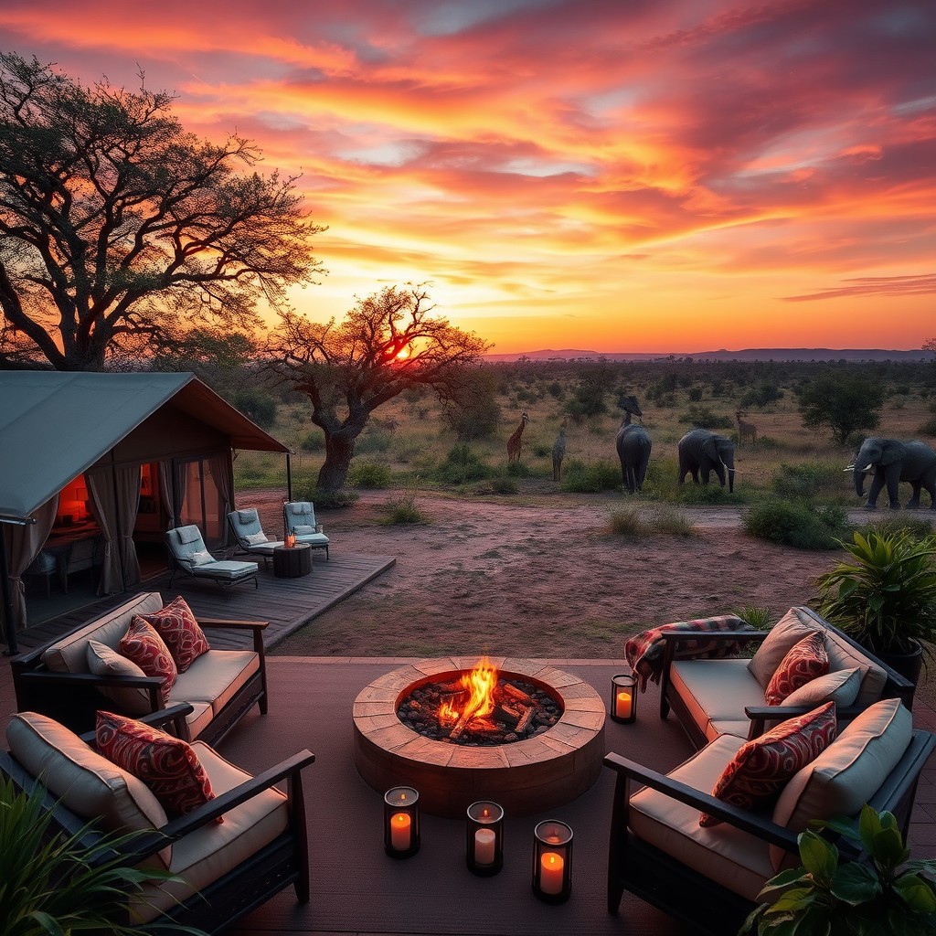 A luxury tented camp safari scene set in the heart of an African savanna, with elegantly designed tents adorned with plush furnishings and stylish decor