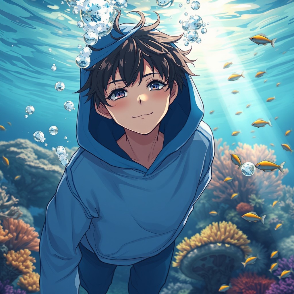 An anime-style illustration of a teenage boy wearing a hoodie, submerged underwater