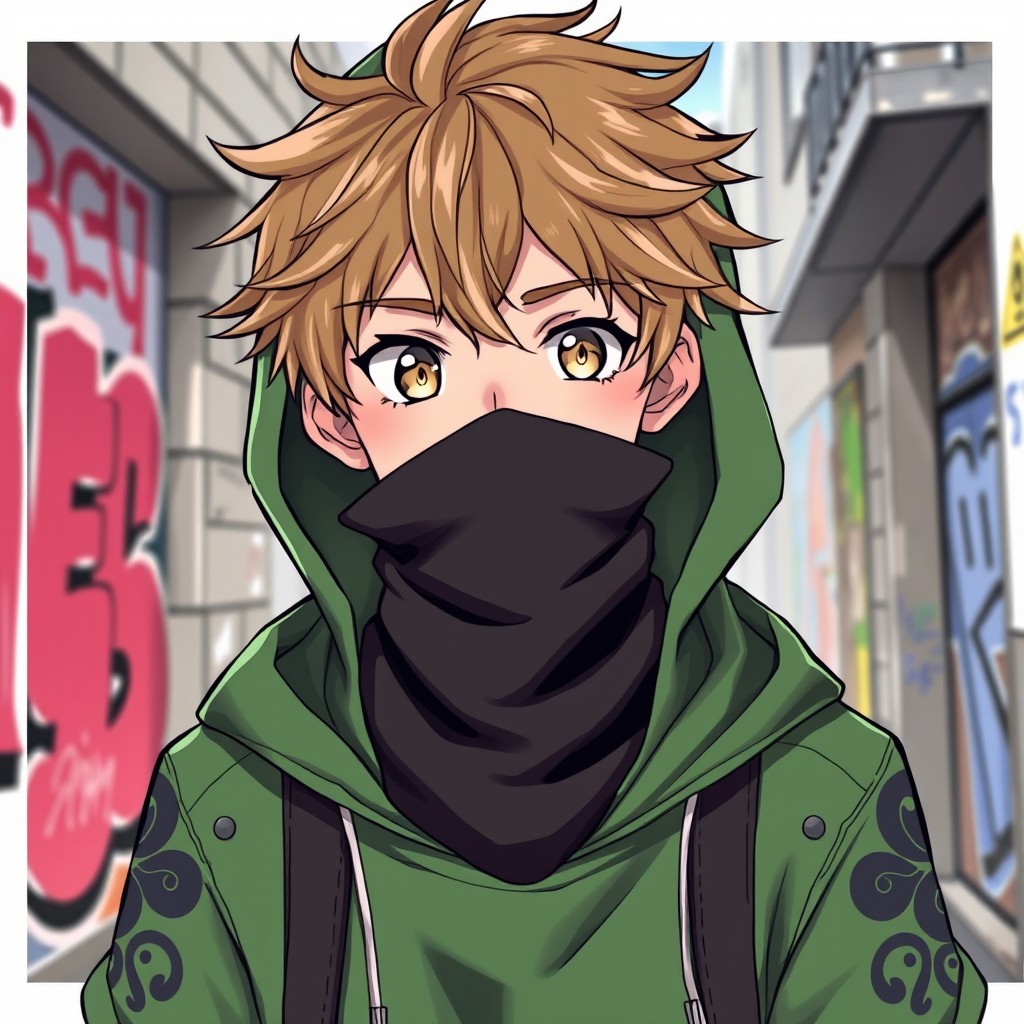An anime-style illustration of a teenage boy wearing a stylish hoodie and a neck gaiter