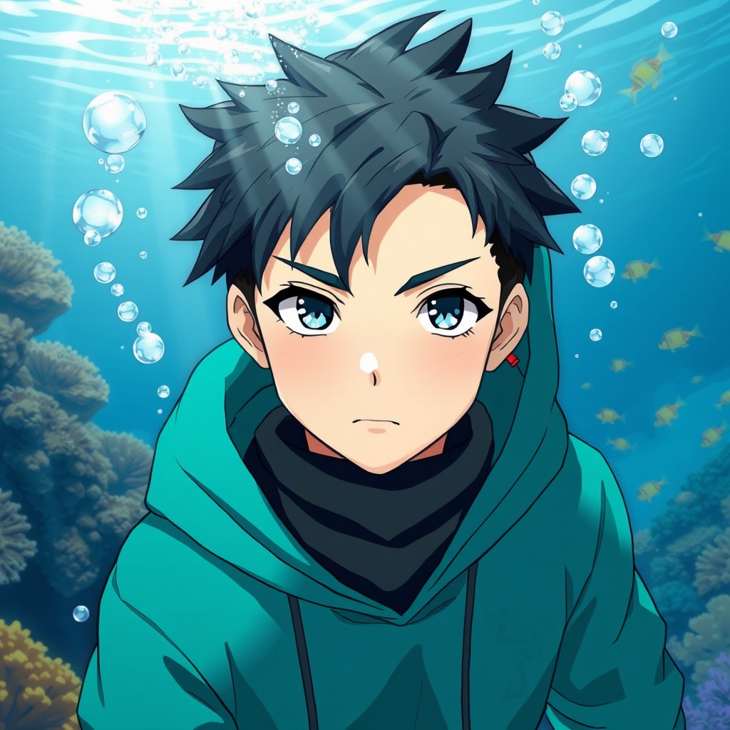 An anime-style illustration of a teenage boy wearing a hoodie and a neck gaiter, submerged underwater