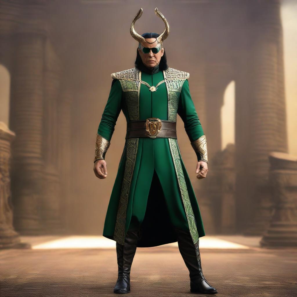 A transformation of Pakistan Army Chief General Asim Munir into Marvel's Loki character, portrayed in his costume from season 2, with all nuances of Loki's charismatic appearance and sneaky demeanor while retaining General Asim's distinctive features.