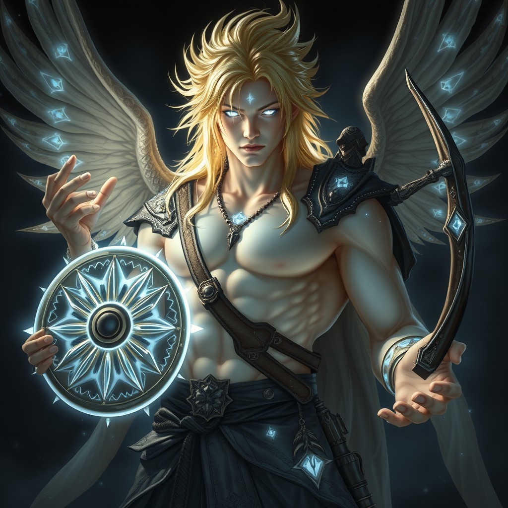 A powerful male celestial warlock exuding a strong and commanding presence, with striking silver white eyes like polished moonstone, lacking visible pupils