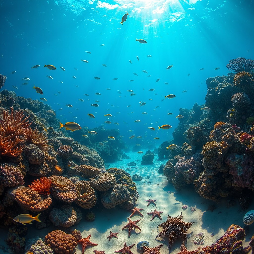 A stunning underwater scene capturing the vibrant ocean bottom, featuring a rich tapestry of marine life including colorful coral reefs, schools of tropical fish swimming gracefully, and shafts of sunlight filtering through the water's surface creating a serene ambiance