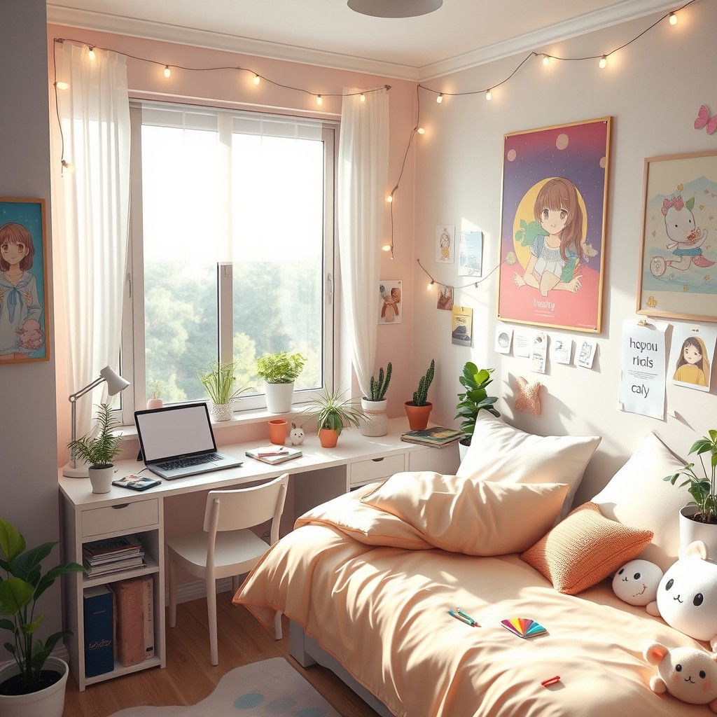 A beautifully decorated anime-inspired room, featuring pastel-colored walls adorned with whimsical posters and fairy lights