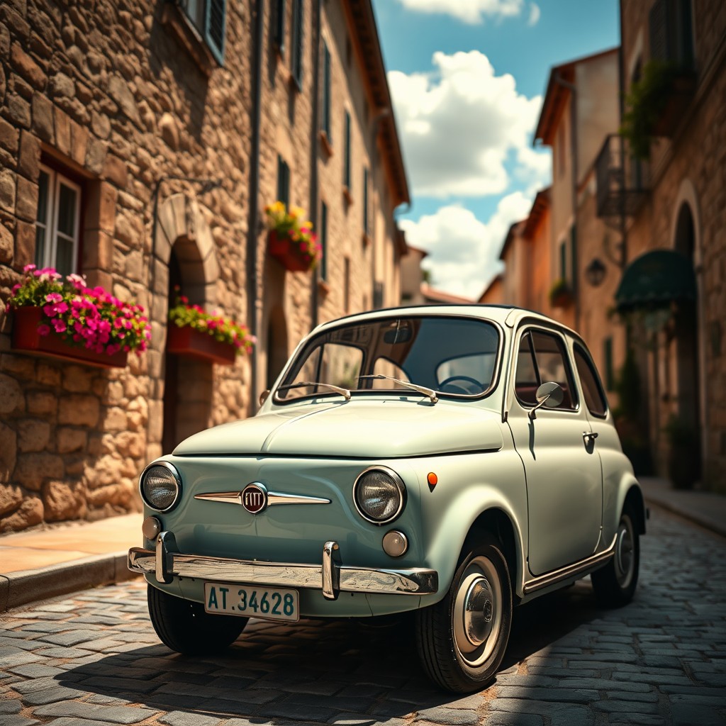 A vintage Fiat 600 parked on a picturesque cobbled street in an Italian town