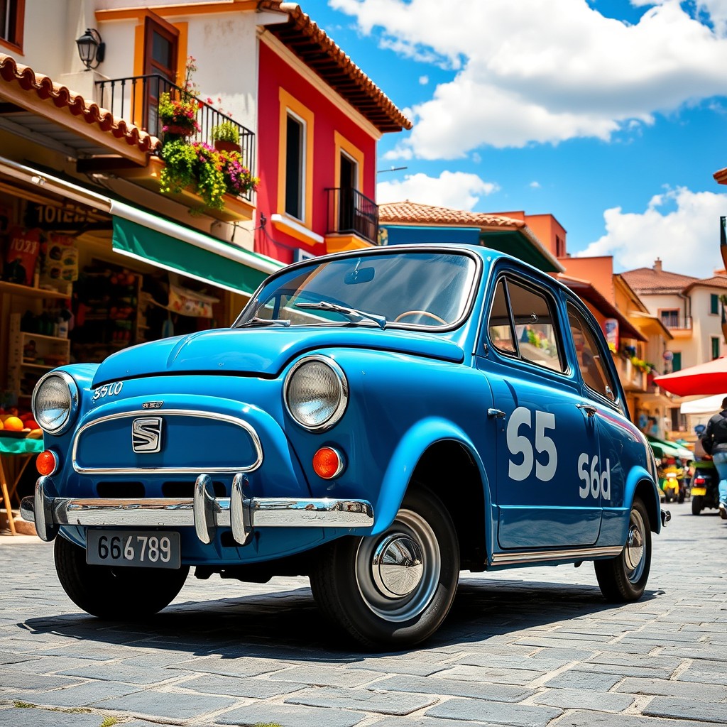 A classic Seat 600D prominently displayed on a vibrant, bustling street in a Spanish village