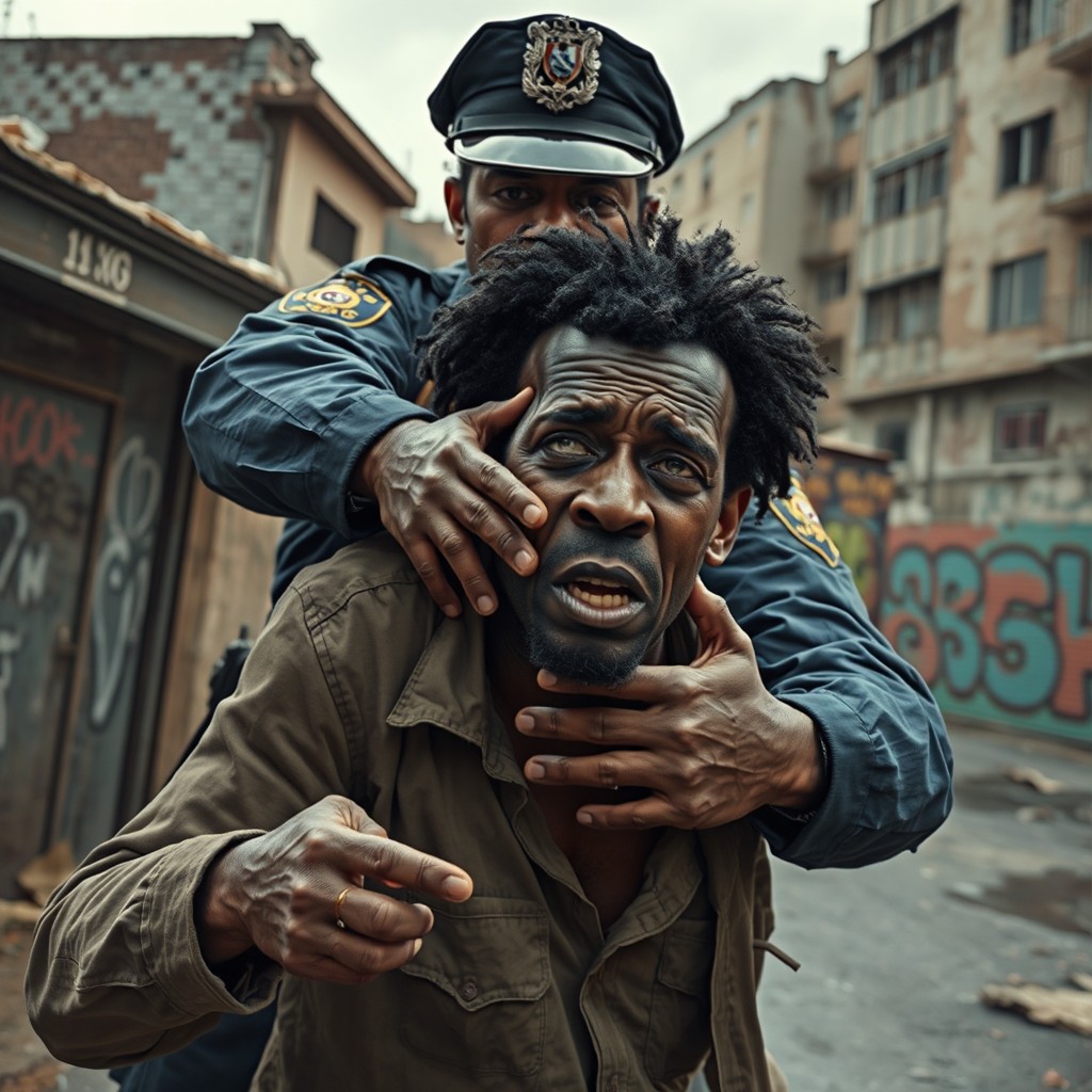 A realistic and critical depiction of a police officer in uniform, aggressively handling and assaulting a Black man who appears impoverished, set in a gritty urban environment