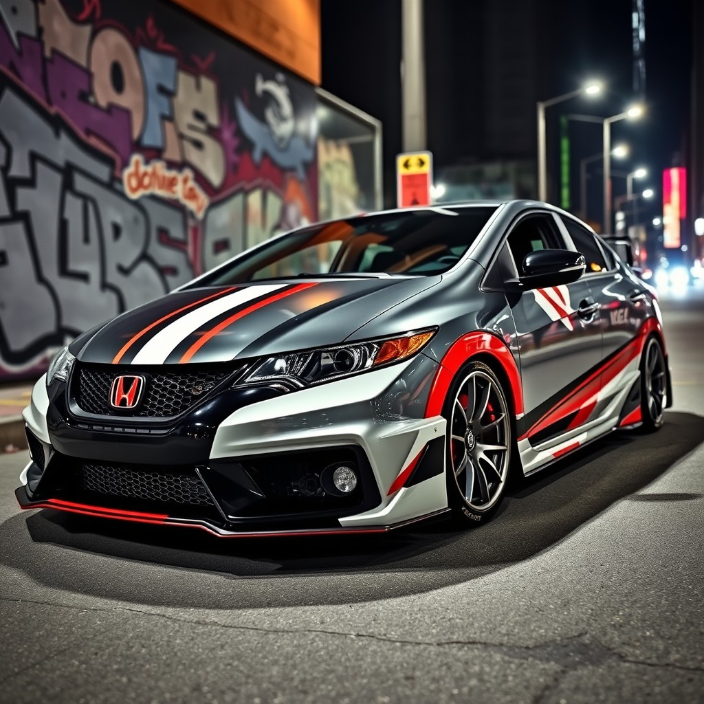 A modified 2014 Honda Civic, featuring a sleek and sportier design with a custom paint job, bold racing stripes and a lowered suspension