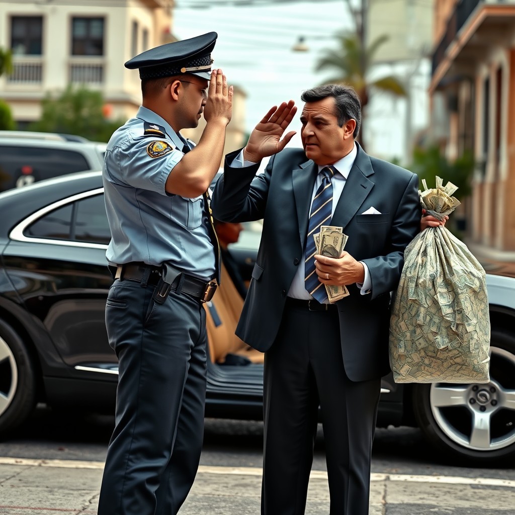 A realistic and critical scene depicting a Brazilian policeman standing on the street, saluting a politician inside a luxurious car that is parked nearby