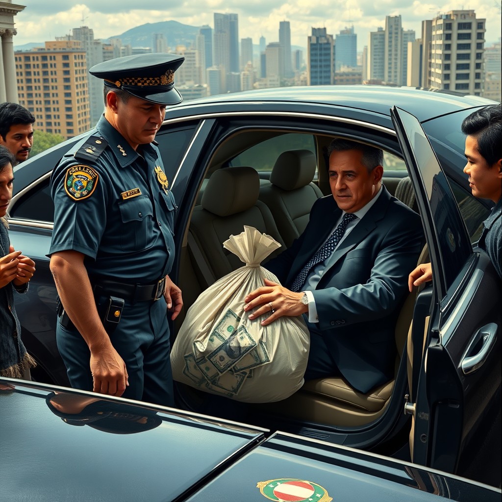 A realistic and critical scene depicting a Brazilian police officer standing outside a luxury car while greeting a politician inside the car