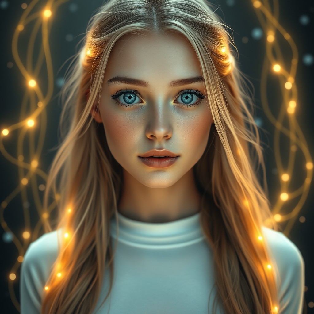 A young woman, centered and directly facing the viewer, with a detailed and expressive face