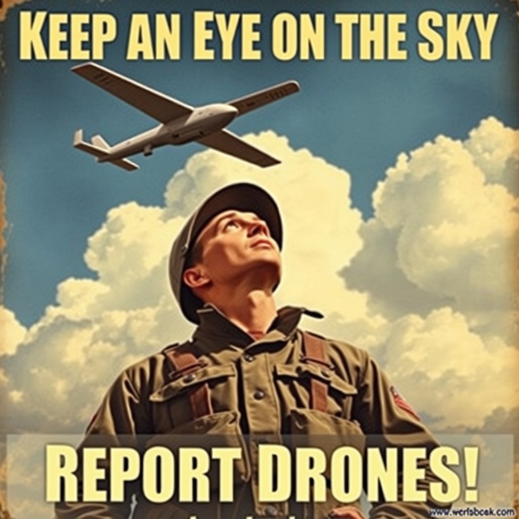 A vintage World War 2 propaganda poster featuring an American soldier looking up in awe at a modern drone flying in the sky