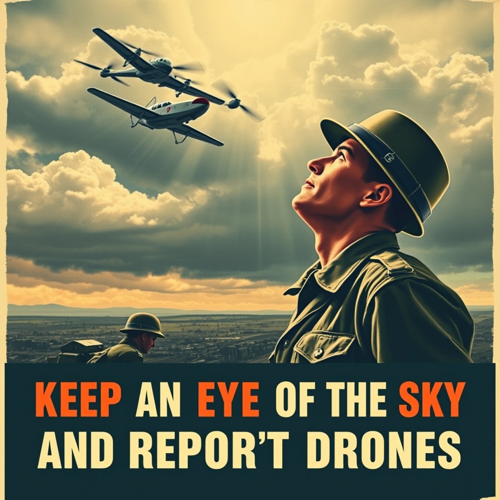 A vintage World War 2 propaganda poster featuring an American soldier in a classic military uniform, looking up in awe at a futuristic drone hovering in the sky