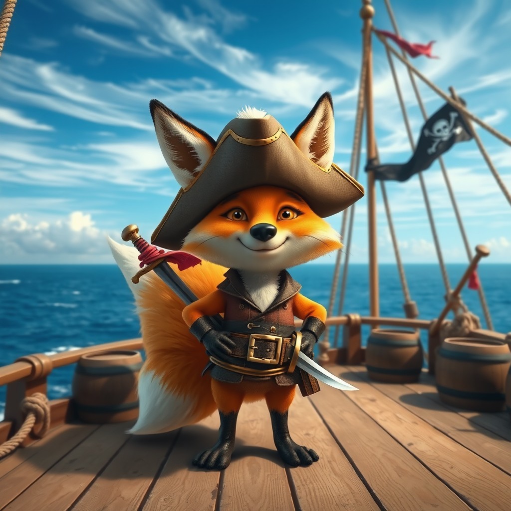 A whimsical and adventurous scene featuring a clever fox dressed in detailed pirate attire