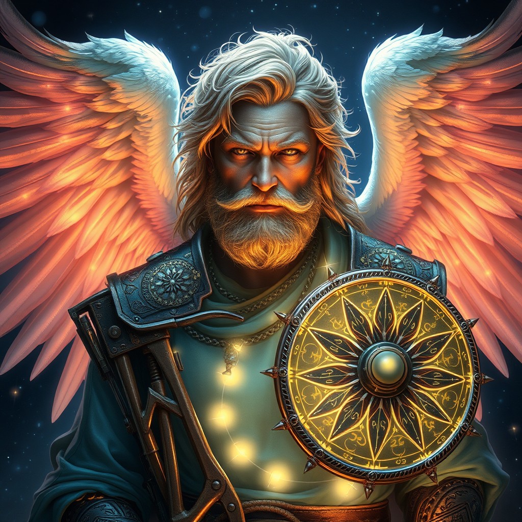 A male celestial warlock with a well-groomed facial hair that enhances his rugged charm