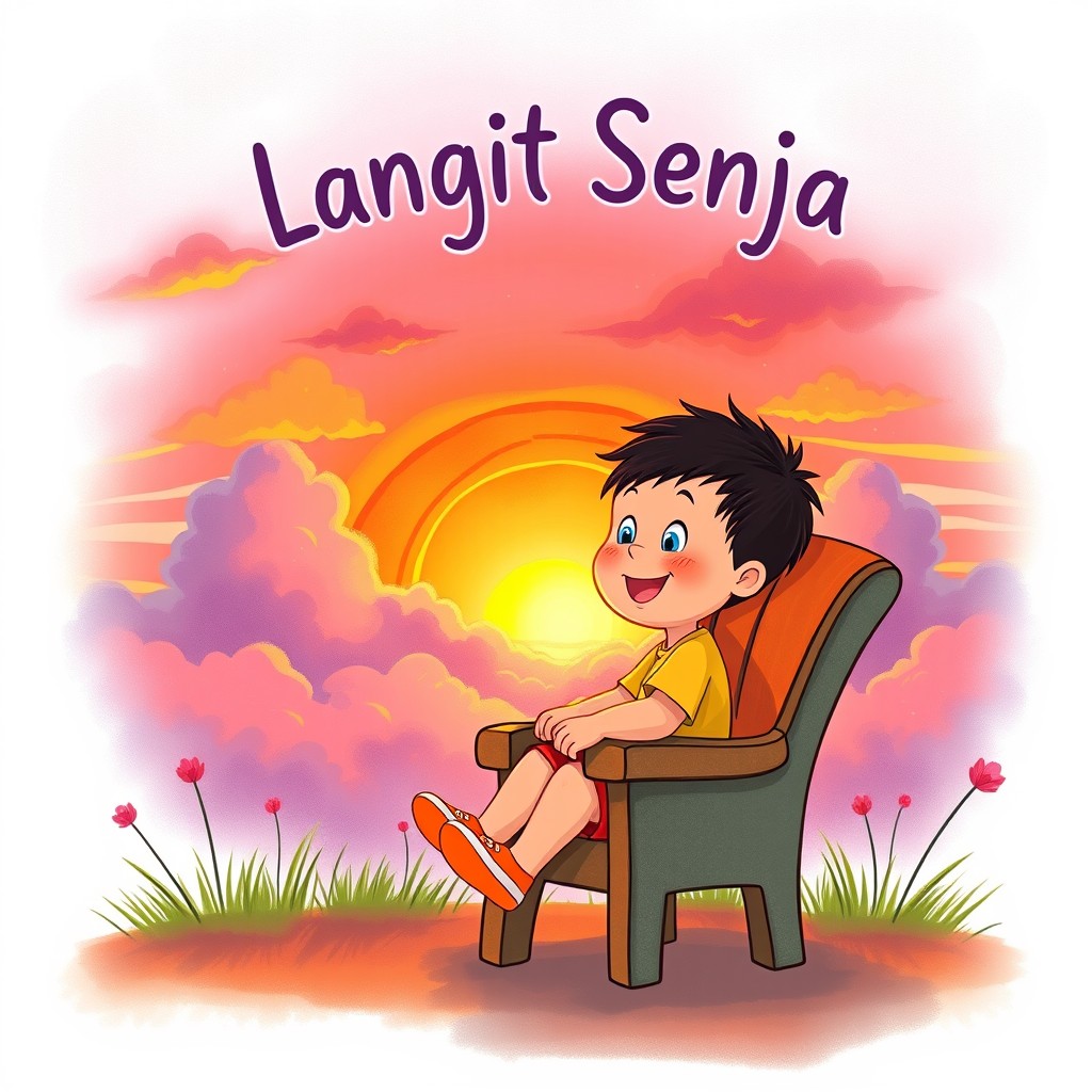 A whimsical children's book cover illustration featuring a cozy scene with a cheerful child sitting on a colorful chair, gazing at a stunning sunset sky (langit senja) filled with vibrant hues of orange, pink, and purple