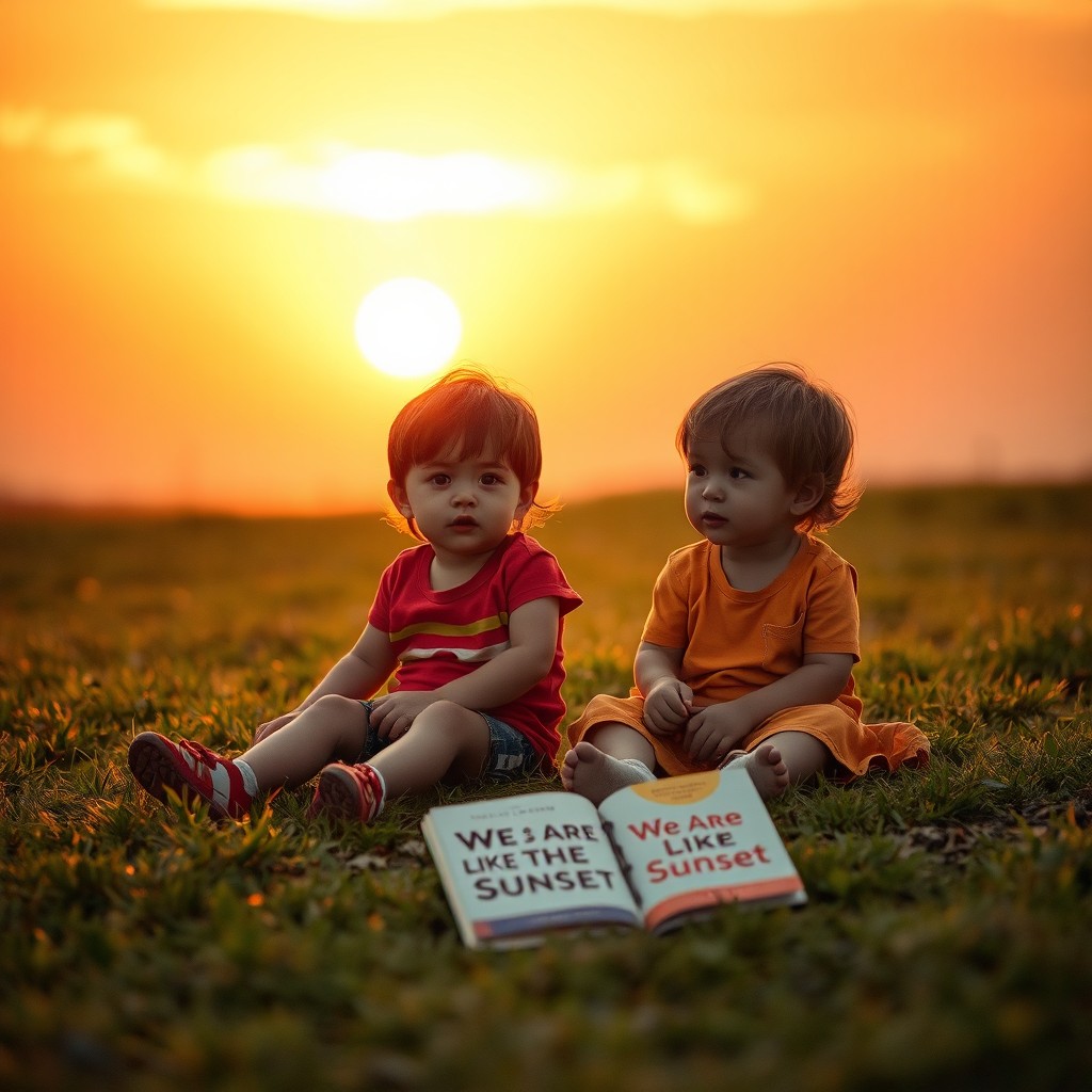 Two small children sitting on a grassy field under a warm orange sunset sky, bathed in soft golden lighting, creating a peaceful atmosphere