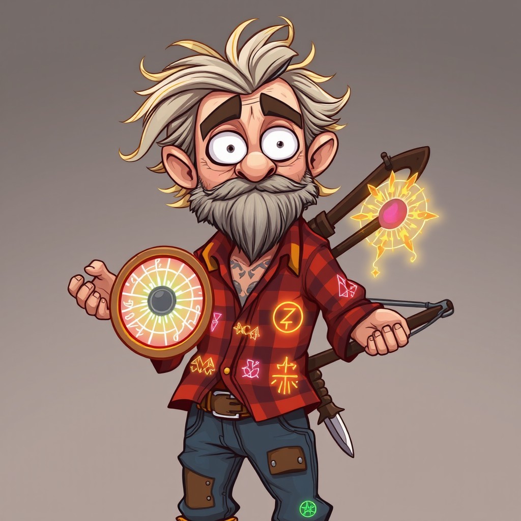 A playful cartoon-style depiction of an older male celestial warlock with a rugged, redneck appearance