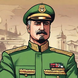 Pakistan army Chief General Asim Munir, dressed in the attire of Loki from Marvel series Loki season 2, in a comic book styled portrayal with a background reflecting the aesthetic of the series.