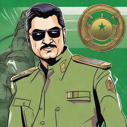 Pakistan army Chief General Asim Munir, dressed in the attire of Loki from Marvel series Loki season 2, in a comic book styled portrayal with a background reflecting the aesthetic of the series.