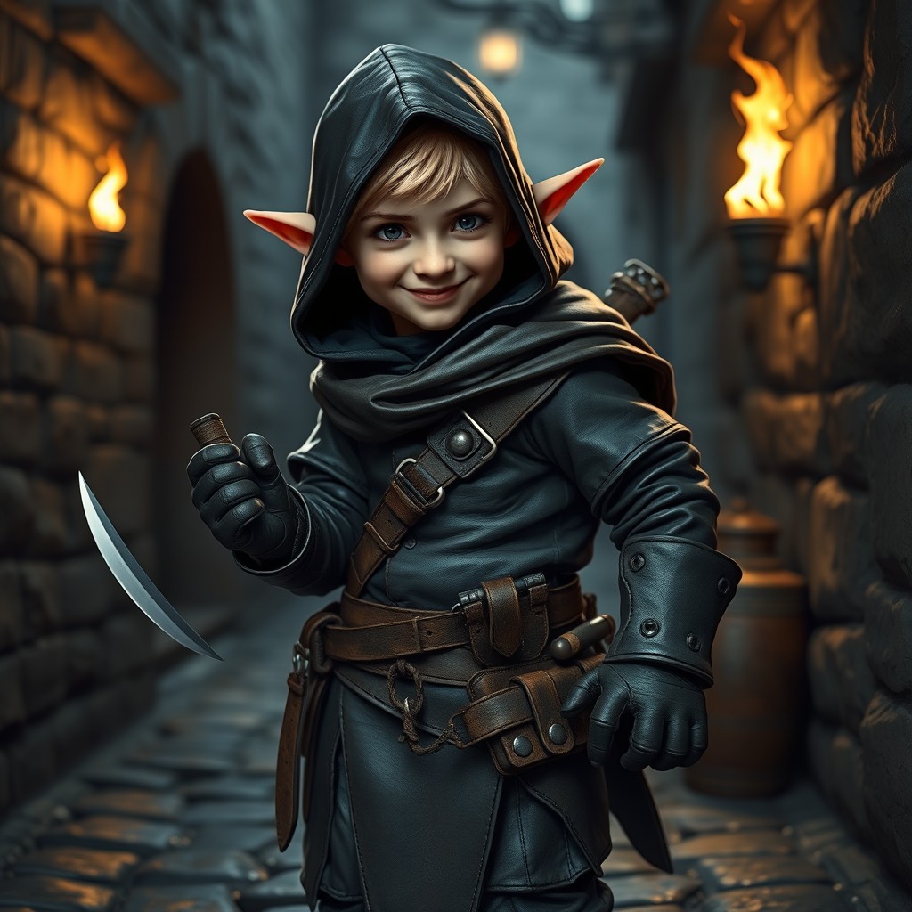 A halfling rogue in a medieval fantasy setting, showcasing a small, agile character with pointed ears and a clever grin