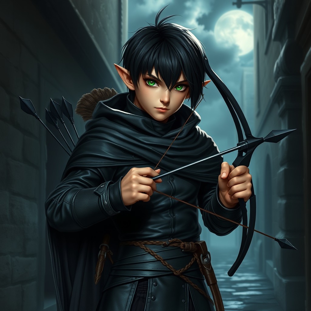 A male halfling rogue in a medieval fantasy setting, with striking black hair and vibrant green eyes